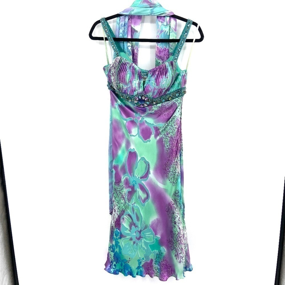 LA FEMME *FLAWED* Purple Teal Green Y2K Silk Beaded Pleated Mid Dress & Shawl 2